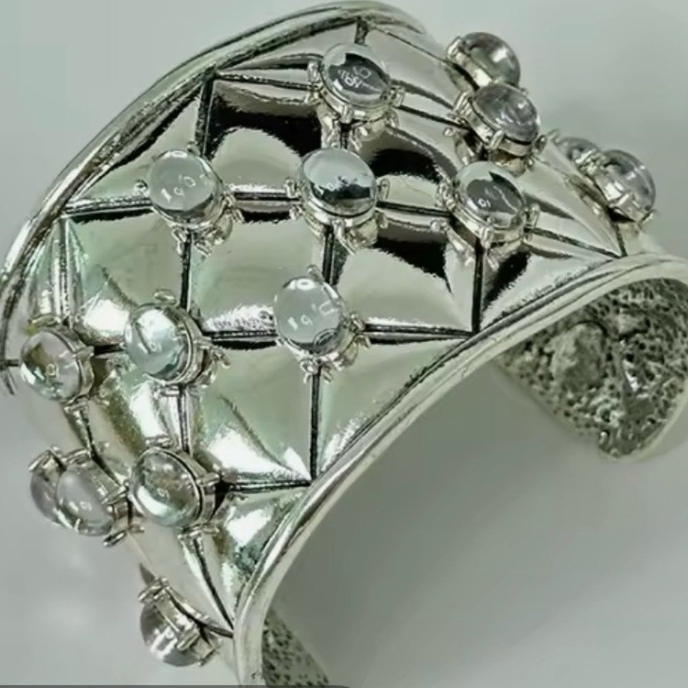 Silver  Cuff Bracelet w Crystal Cabochons
